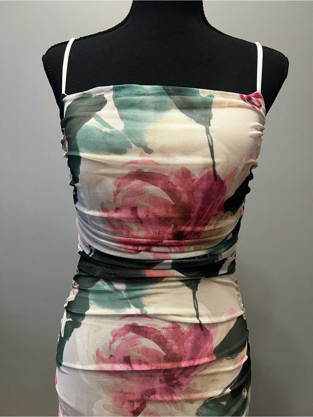Express Floral Ruched Maxi Dress in Cream, Pink & Green - Picture 2 of 5